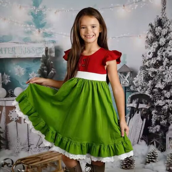 Pearls and Piggytails Christmas Flutter Sleeves Ruffle Dress Kids - Picture 1 of 7